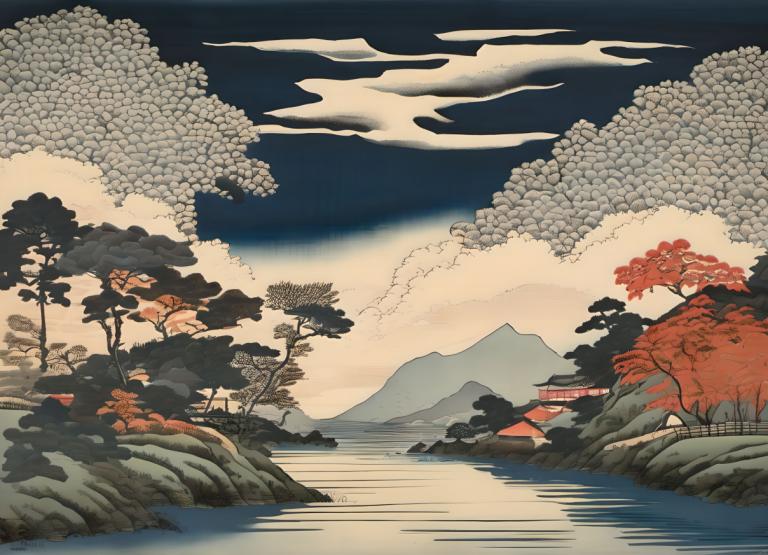 Ukiyo-E,Ukiyo-E, Nature, landscape, no humans, cloud, tree, scenery, sky, outdoors, mountain, cloudy sky