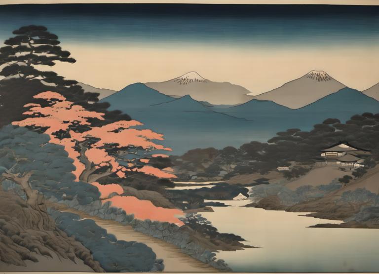 Ukiyo-E,Ukiyo-E, Nature, landscape, no humans, scenery, mountain, tree, outdoors, nature, sky, landscape