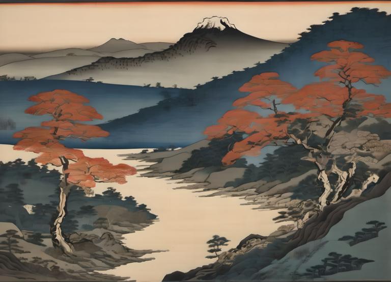 Ukiyo-E,Ukiyo-E, Nature, landscape, scenery, no humans, tree, mountain, outdoors, landscape, nature, autumn