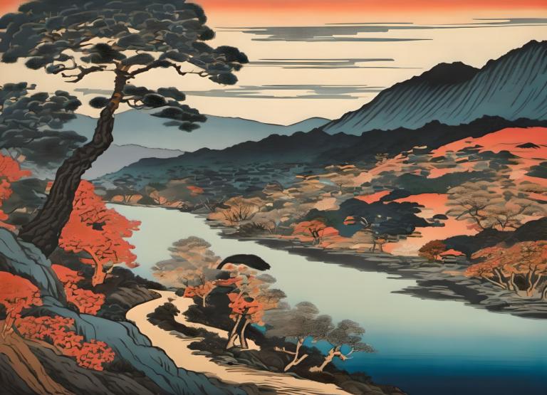 Ukiyo-E,Ukiyo-E, Natur, Landschaft, keine Menschen, Baum, Landschaft, draußen, Berg, Sonnenuntergang, Himmel