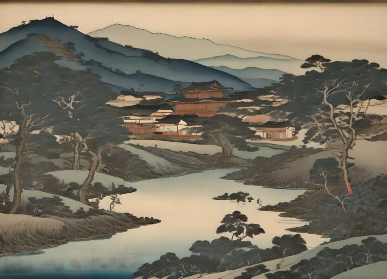 Ukiyo-E,Ukiyo-E, Nature, landscape, no humans, scenery, tree, outdoors, mountain, east asian architecture