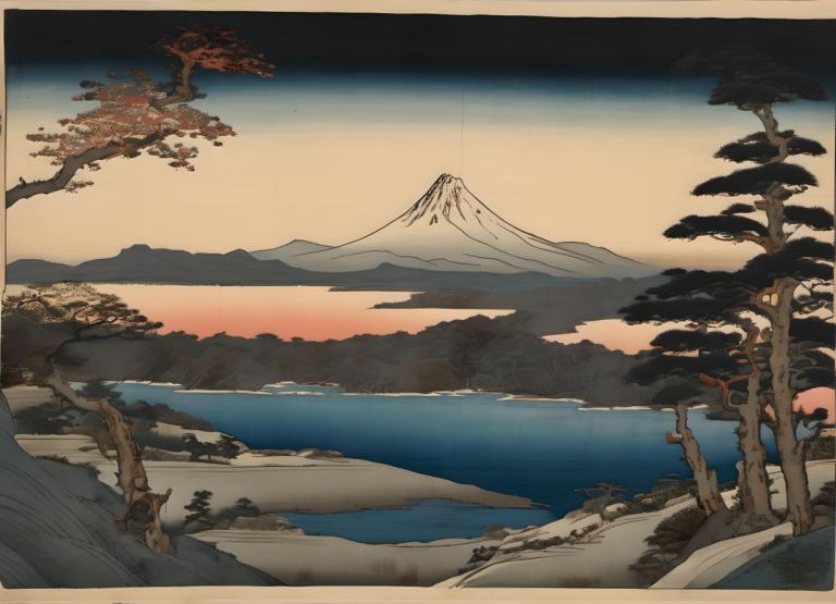 Ukiyo-E,Ukiyo-E, Nature, landscape, no humans, tree, scenery, mountain, outdoors, landscape, sky, lake