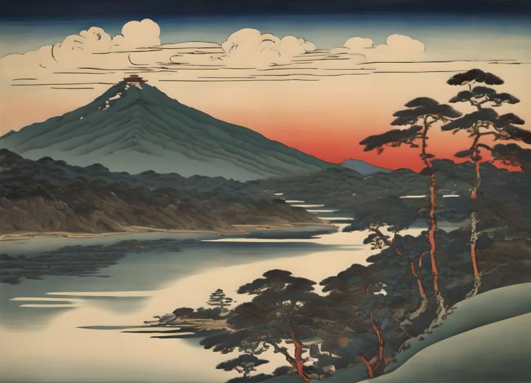 Ukiyo-E,Ukiyo-E, Nature, landscape, no humans, scenery, tree, outdoors, sky, mountain, cloud, sunset