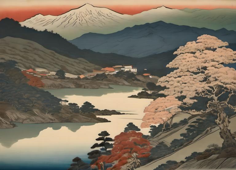 Ukiyo-E,Ukiyo-E, Natur, landskab, ingen mennesker, landskab, bjerg, træ, udendørs, landskab, himmel, flod