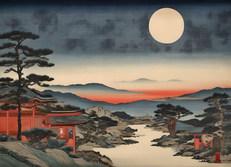 Ukiyo-E,Ukiyo-E, Natur, landskap, ingen mennesker, natur, torii, måne, tre, fjell, utendørs, fullmåne, Sky