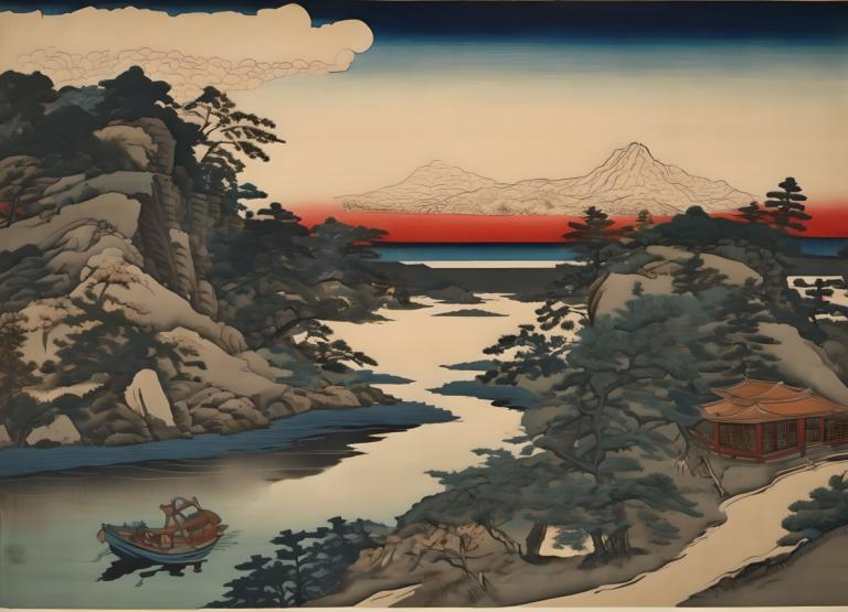 Ukiyo-E,Ukiyo-E, Nature, landscape, no humans, scenery, watercraft, boat, tree, mountain, water, outdoors