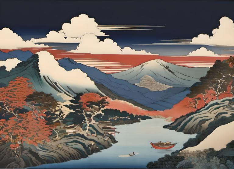 Ukiyo-E,Ukiyo-E, Natur, Landschaft, Landschaft, Baum, Wolke, Himmel, Wasserfahrzeug, keine Menschen, draußen