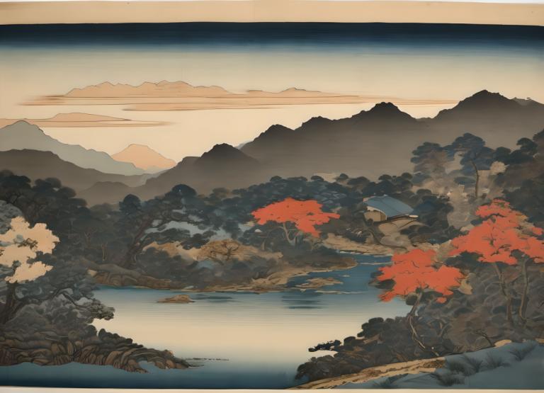 Ukiyo-E,Ukiyo-E, Nature, landscape, no humans, scenery, tree, outdoors, mountain, lake, nature, landscape