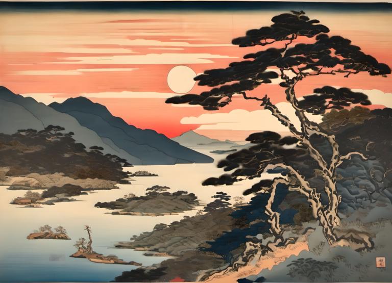 Ukiyo-E,Ukiyo-E, Nature, landscape, tree, scenery, mountain, no humans, cloud, sky, sun, outdoors, landscape