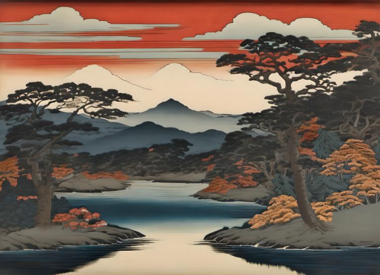 Ukiyo-E,Ukiyo-E, Nature, landscape, no humans, tree, scenery, outdoors, sky, cloud, mountain, nature, lake