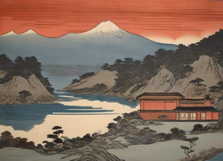 Ukiyo-E,Ukiyo-E, Nature, landscape, no humans, mountain, scenery, outdoors, sky, tree, cloud, sunset, nature