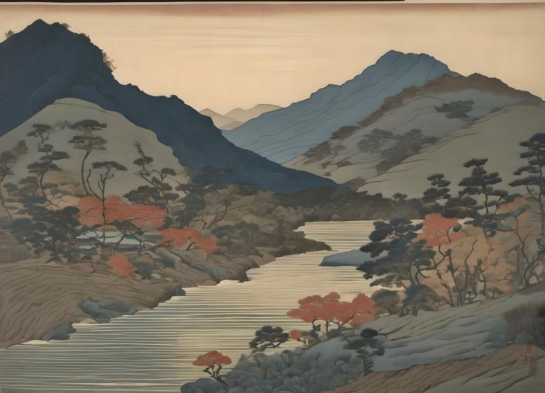 Ukiyo-E,Ukiyo-E, Nature, landscape, tree, scenery, outdoors, mountain, no humans, landscape, nature, sky