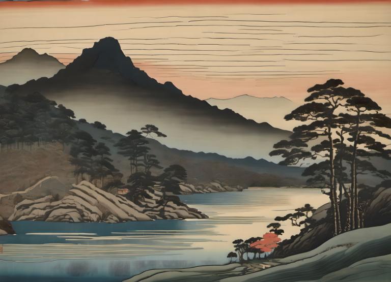 Ukiyo-E,Ukiyo-E, Nature, landscape, no humans, scenery, tree, outdoors, mountain, sky, cloud, sunset