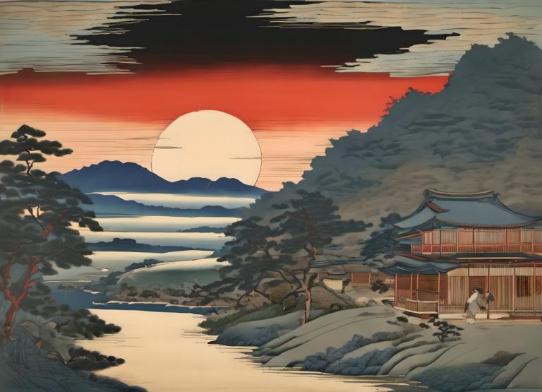 Ukiyo-E,Ukiyo-E, Nature, paysage, arbre, paysage, 1fille, montagne, en plein air, solo, ciel