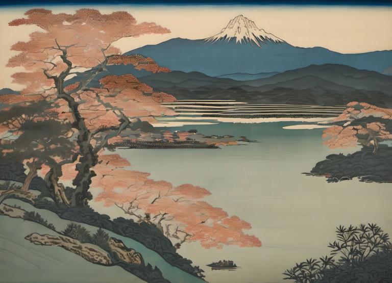 Ukiyo-E,Ukiyo-E, Nature, landscape, no humans, scenery, tree, mountain, outdoors, lake, nature, water