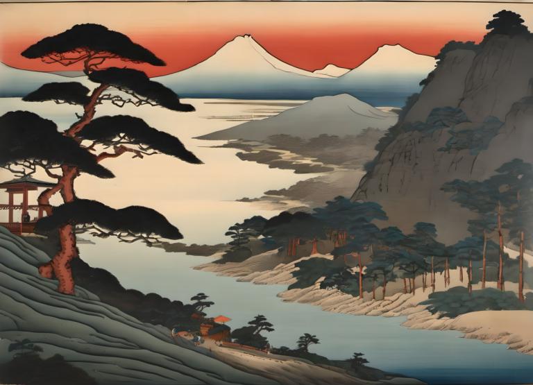 Ukiyo-E,Ukiyo-E, Nature, landscape, no humans, scenery, tree, mountain, outdoors, landscape, sunset, sky