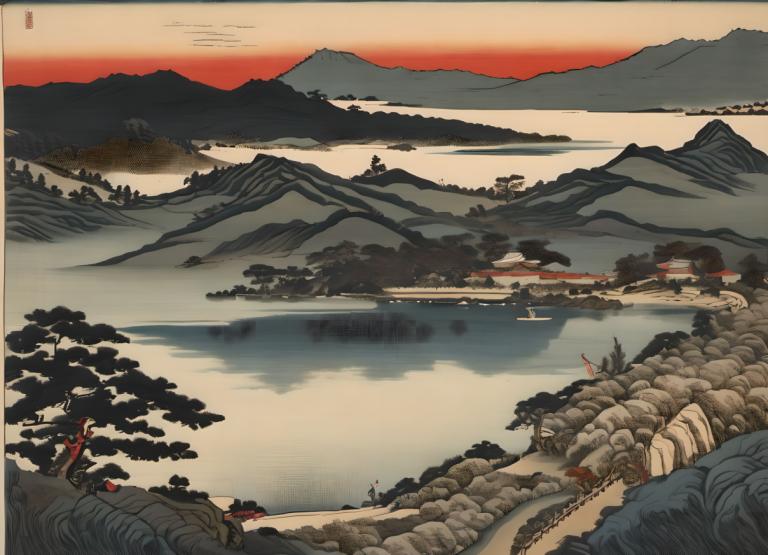 Ukiyo-E,Ukiyo-E, Nature, paysage, montagne, paysage, arbre, rivière, paysage, lac, nature, coucher de soleil