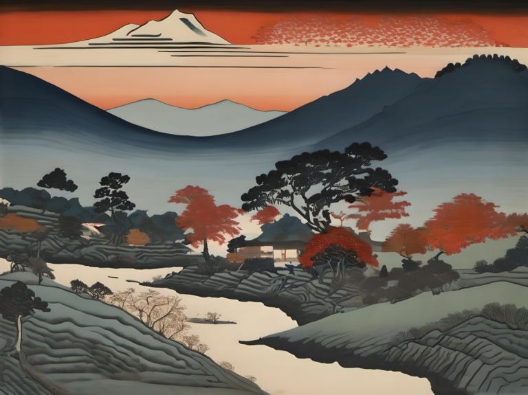 Ukiyo-E,Ukiyo-E, Natur, Landschaft, keine Menschen, Baum, Landschaft, Berg, draußen, Himmel, Wolke, Landschaft