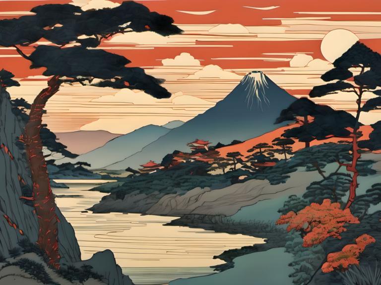 Ukiyo-E,Ukiyo-E, Nature, landscape, no humans, mountain, tree, scenery, outdoors, cloud, sky, sunset, sun