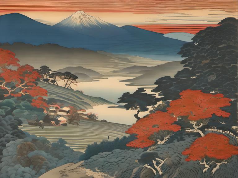 Ukiyo-E,Ukiyo-E, Nature, landscape, mountain, scenery, tree, no humans, outdoors, landscape, sky, sunset