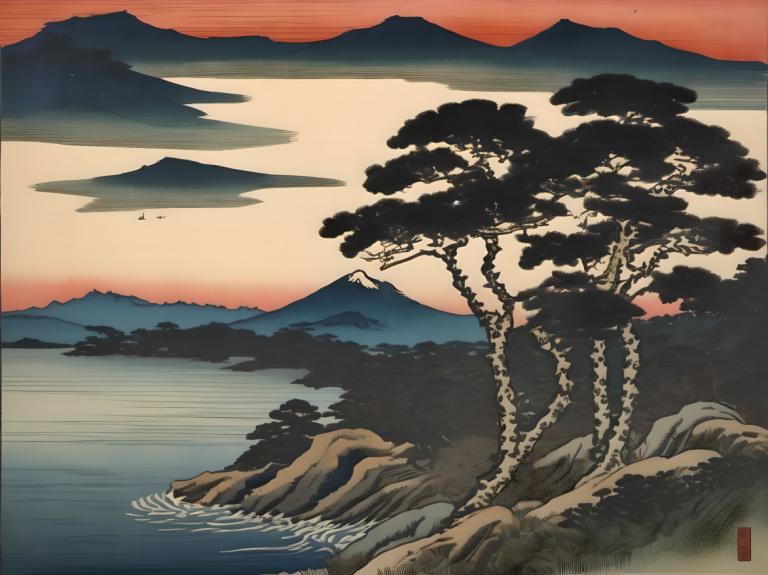 Ukiyo-E,Ukiyo-E, Nature, landscape, no humans, tree, mountain, scenery, sky, outdoors, cloud, water, lake