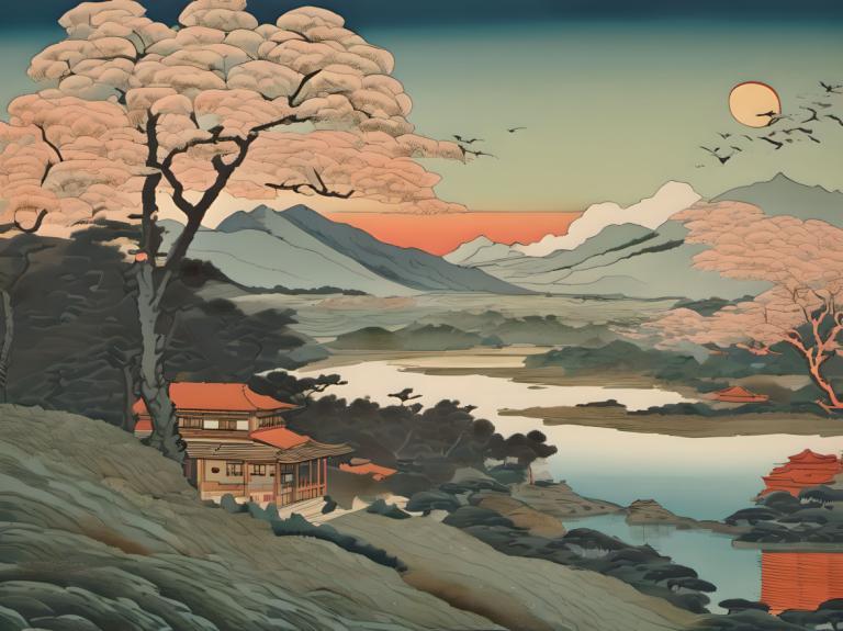 Ukiyo-E,Ukiyo-E, Narava, pokrajina, brez ljudi, drevo, kulisa, gora, na prostem, nebo, oblak, ptica, sonce