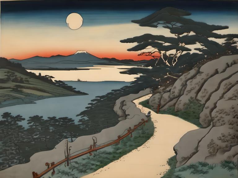 Ukiyo-E,Ukiyo-E, Nature, landscape, scenery, no humans, mountain, outdoors, tree, moon, landscape, sky