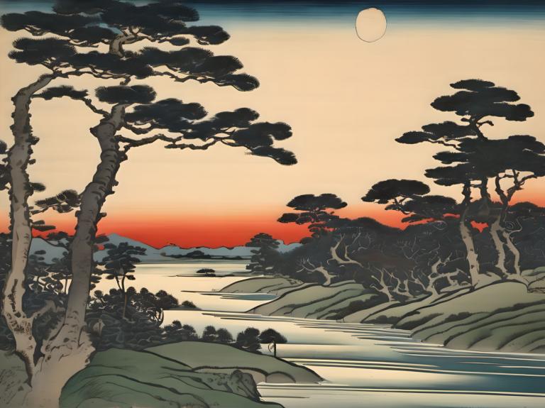 Ukiyo-E,Ukiyo-E, Nature, landscape, tree, scenery, outdoors, sun, no humans, sky, sunset, moon, mountain