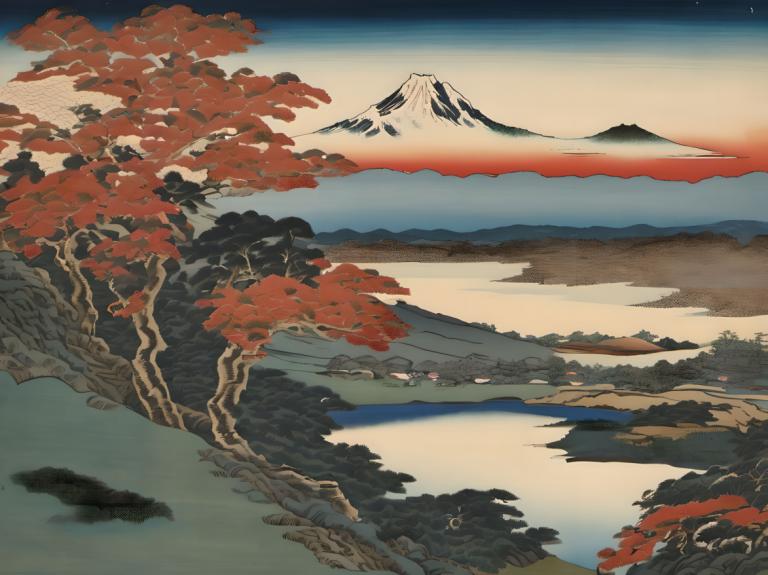 Ukiyo-E,Ukiyo-E, Nature, landscape, no humans, scenery, mountain, tree, outdoors, lake, landscape, sky