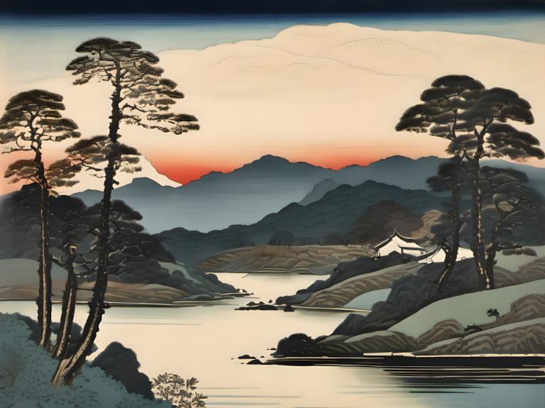 Ukiyo-E,Ukiyo-E, Nature, landscape, tree, scenery, no humans, mountain, outdoors, sky, landscape, sunset