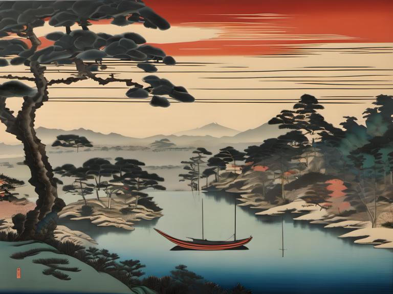 Ukiyo-E,Ukiyo-E, Nature, landscape, no humans, boat, watercraft, scenery, tree, outdoors, water, sunset