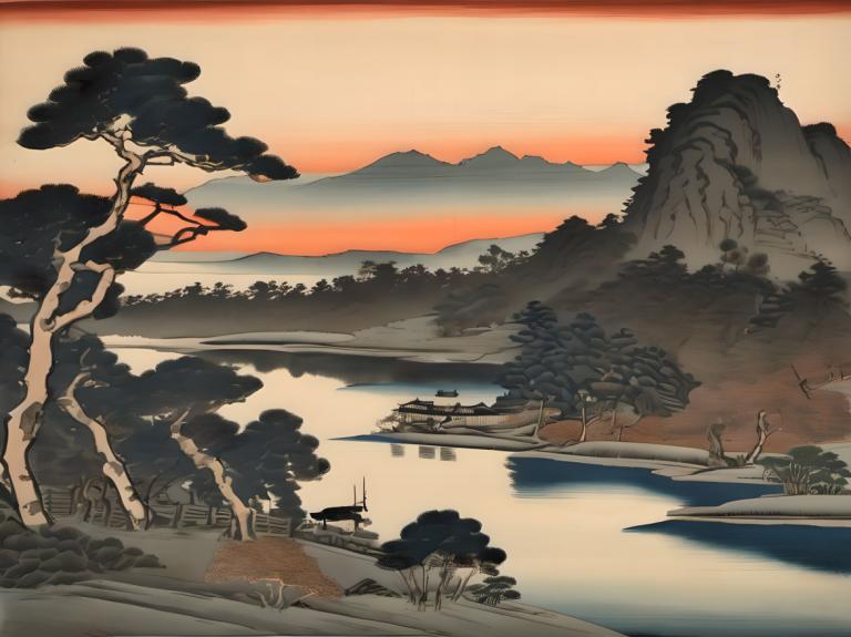 Ukiyo-E,Ukiyo-E, Nature, landscape, no humans, tree, scenery, outdoors, mountain, river, sunset, landscape