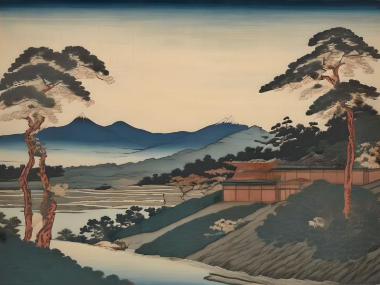 Ukiyo-E,Ukiyo-E, Nature, landscape, outdoors, scenery, no humans, tree, mountain, sky, landscape