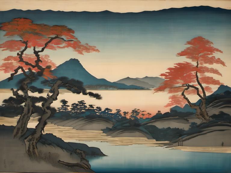 Ukiyo-E,Ukiyo-E, Nature, landscape, no humans, scenery, tree, outdoors, lake, mountain, sky, landscape, water