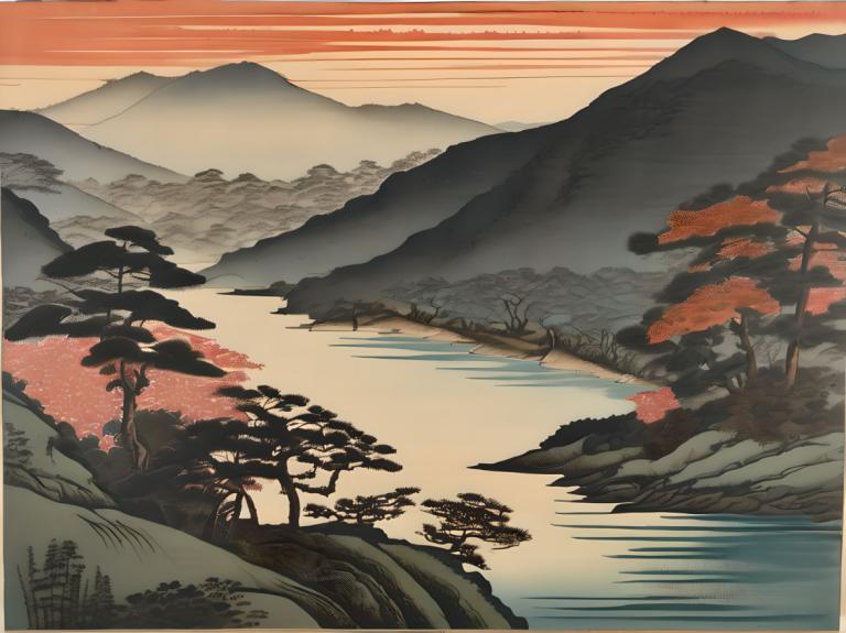 Ukiyo-E,Ukiyo-E, Nature, landscape, no humans, mountain, tree, scenery, outdoors, lake, border, sky, river