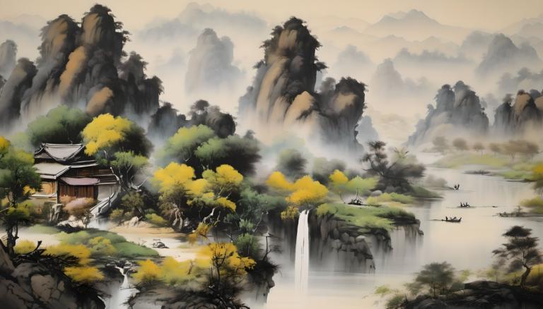 Chinese Paintings,Chinese Paintings, Nature, landscape, waterfall, scenery, no humans, tree, water, mountain