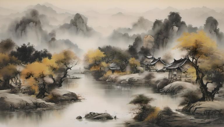 中国絵画,中国絵画, 自然, 風景, 人間がいない, 景色, 木, 建築, 東アジアの建築, 屋外, 水, 霧, 山, ロック, 自然, 川, 森