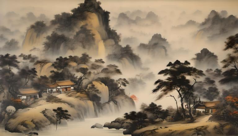 Chinese Paintings,Chinese Paintings, Nature, landscape, no humans, tree, scenery, mountain, outdoors, rock