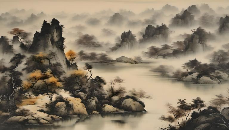 中国絵画,中国絵画, 自然, 風景, 人間がいない, 景色, 木, 霧, 屋外, 自然, 水, 風景, 雲, 山, ロック, 川, 空, 森, 湖