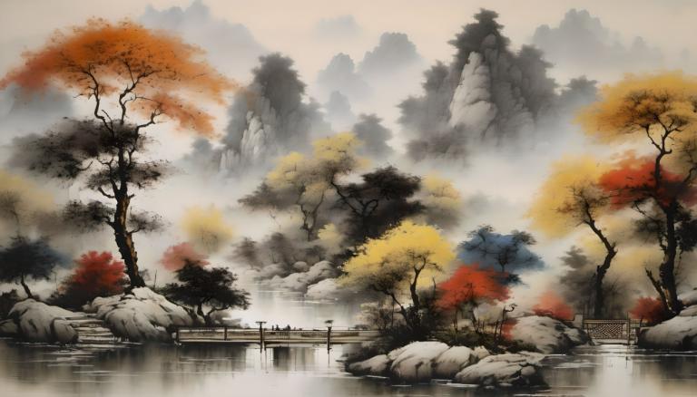 中国絵画,中国絵画, 自然, 風景, 人間がいない, 木, 景色, 水, 橋, 屋外, 秋, 自然, 紅葉, 川, 山, 霧, 風景, ロック, 葉, 森