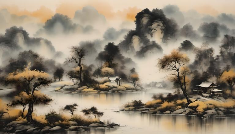 Chinese Paintings,Chinese Paintings, Nature, landscape, no humans, scenery, tree, water, outdoors, rock