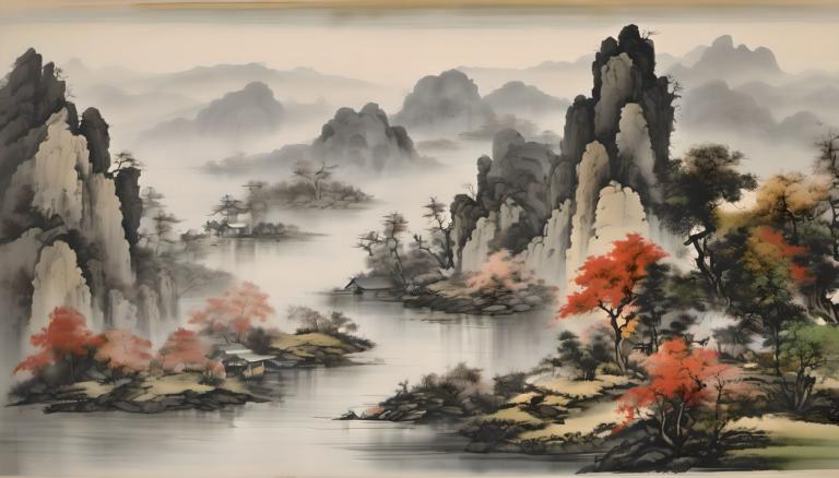 Chinese Paintings,Chinese Paintings, Nature, landscape, no humans, scenery, tree, outdoors, water, mountain