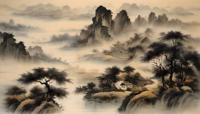 中国絵画,中国絵画, 自然, 風景, 人間がいない, 景色, 木, 風景, 川, 屋外, 山, 自然, 雲, 橋, 森, 霧, 空