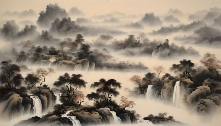 中国絵画,中国絵画, 自然, 風景, 景色, 滝, 人間がいない, 木, 水, 自然, 風景, 川, 森, 屋外, 山, 雲, 霧