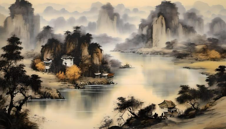 Chinese Paintings,Chinese Paintings, Nature, landscape, scenery, no humans, tree, water, nature, outdoors