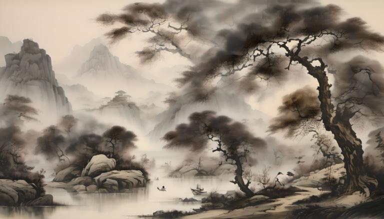 Chinese Paintings,Chinese Paintings, Nature, landscape, no humans, scenery, tree, fog, bird, smoke, water