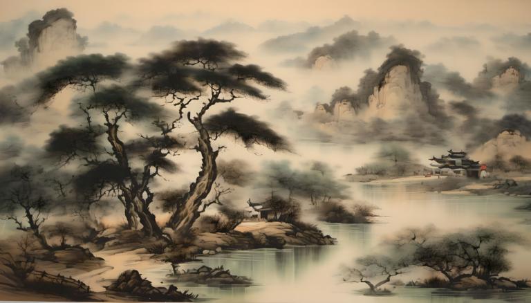 Chinese Paintings,Chinese Paintings, Nature, landscape, no humans, tree, scenery, cloud, water, aircraft, fog