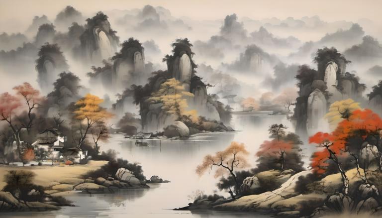 中国絵画,中国絵画, 自然, 風景, 景色, 人間がいない, 木, 水, 滝, 自然, 風景, 川, 山, 屋外, 森, 橋, ロック