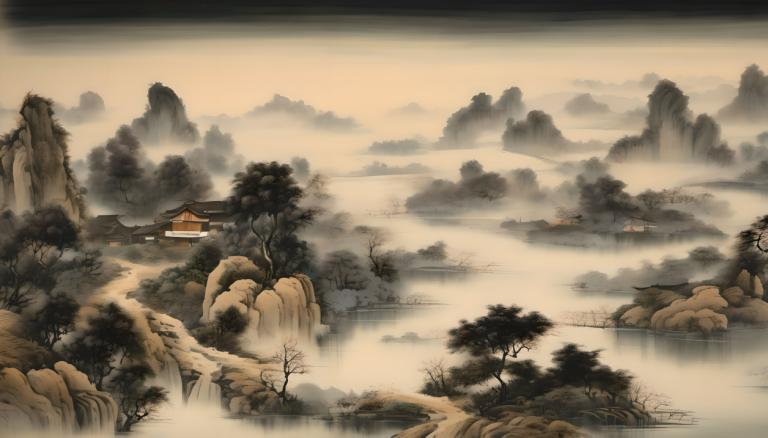 中国絵画,中国絵画, 自然, 風景, 人間がいない, 景色, 木, 屋外, 山, 川, 水, 風景, 自然, 空, 雲, 東アジアの建築, ロック, 建築