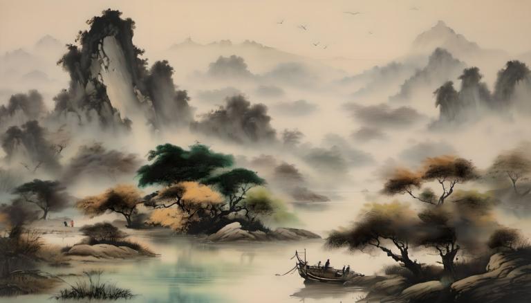 Chinese Paintings,Chinese Paintings, Nature, landscape, scenery, tree, nature, mountain, bird, river, water